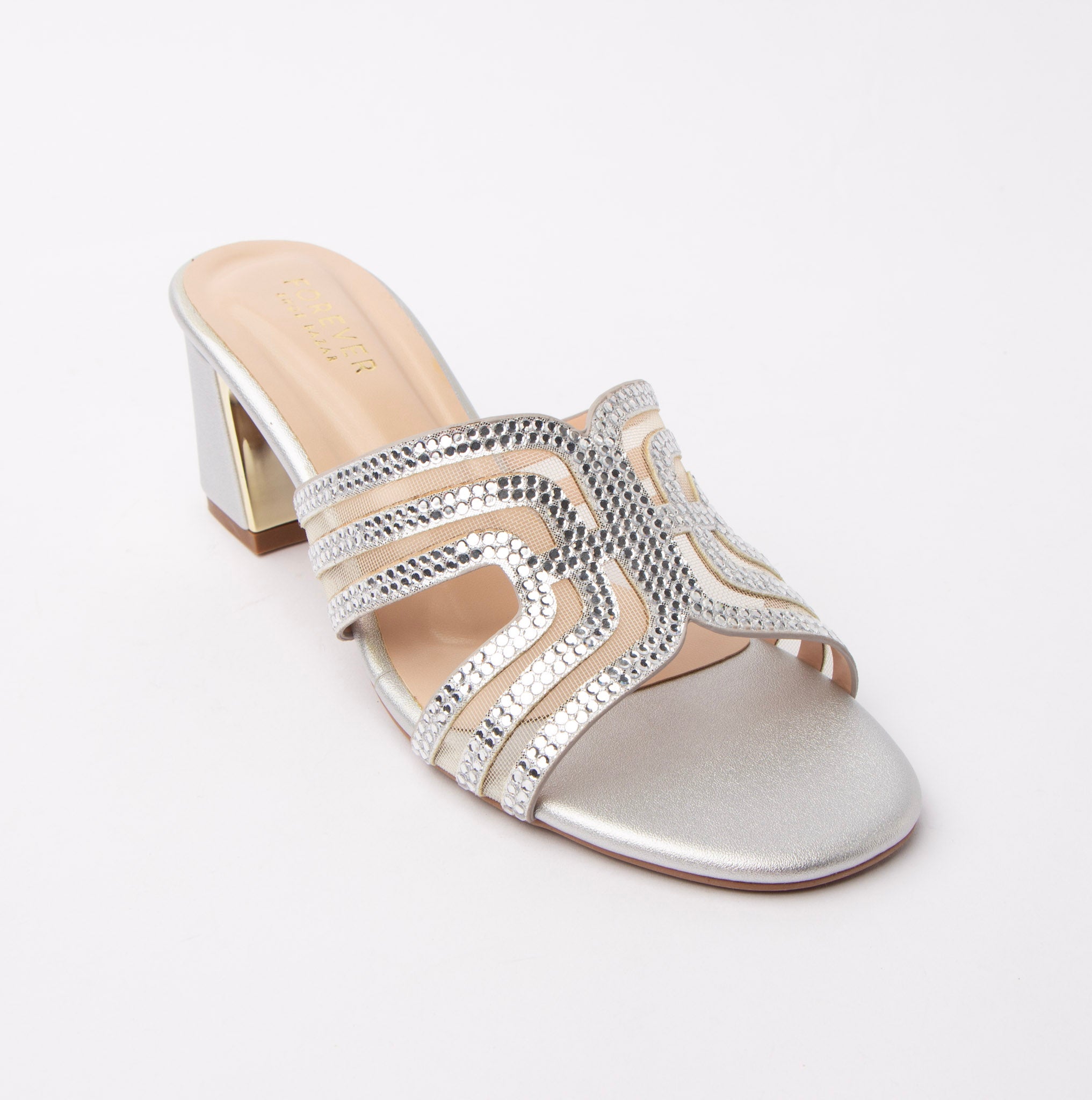 Silver block heel mules styled for party wear