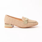 Green woven loafers for women, a natural oat basketweave upper trimmed in soft sage leather, with a matching sage cabochon set in an oval gold bezel across the vamp and a low sage block heel collared in gold over a blush-nude footbed