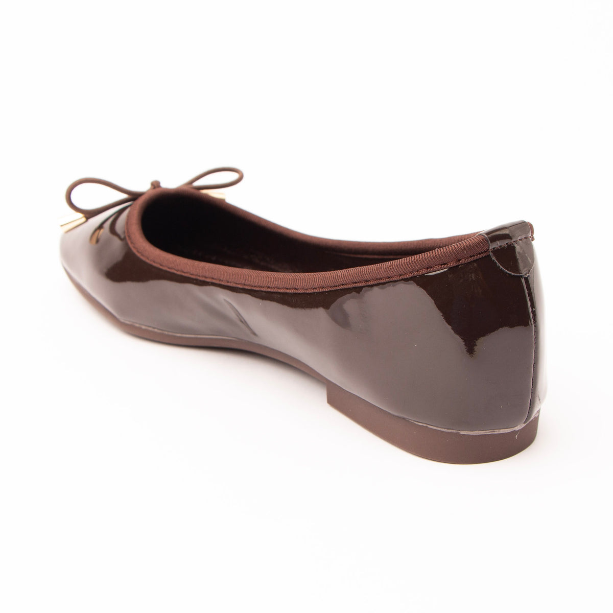 Brown patent ballerina flats for women, back view showing the heel counter