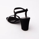 Black embellished block heel sandals for women with cushioned footbed, side view