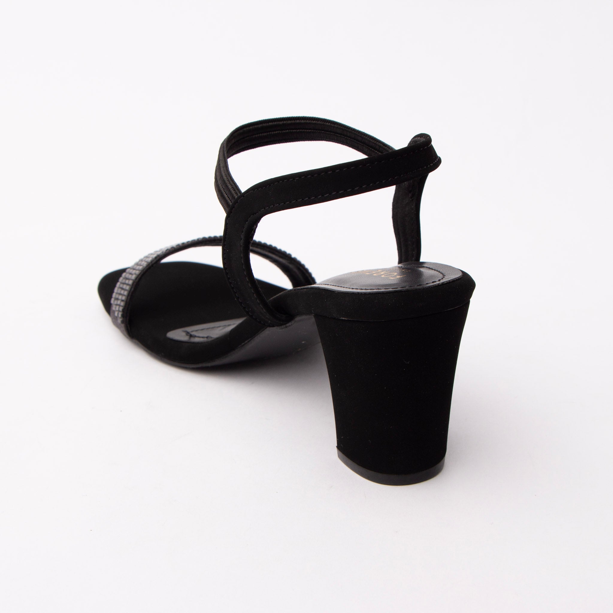 Black embellished block heel sandals for women with cushioned footbed, side view