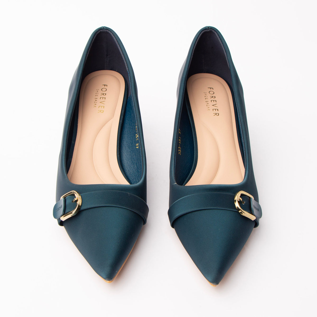 Blue buckle kitten heels styled for everyday wear
