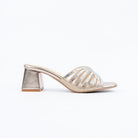 Gold crystal-embellished block heel mules for women, fanned crystal bow