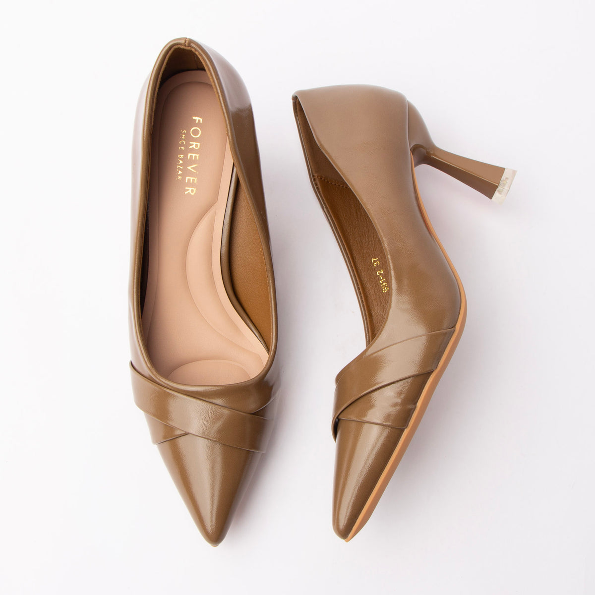 Khaki folded strap pumps for women with a cushioned footbed