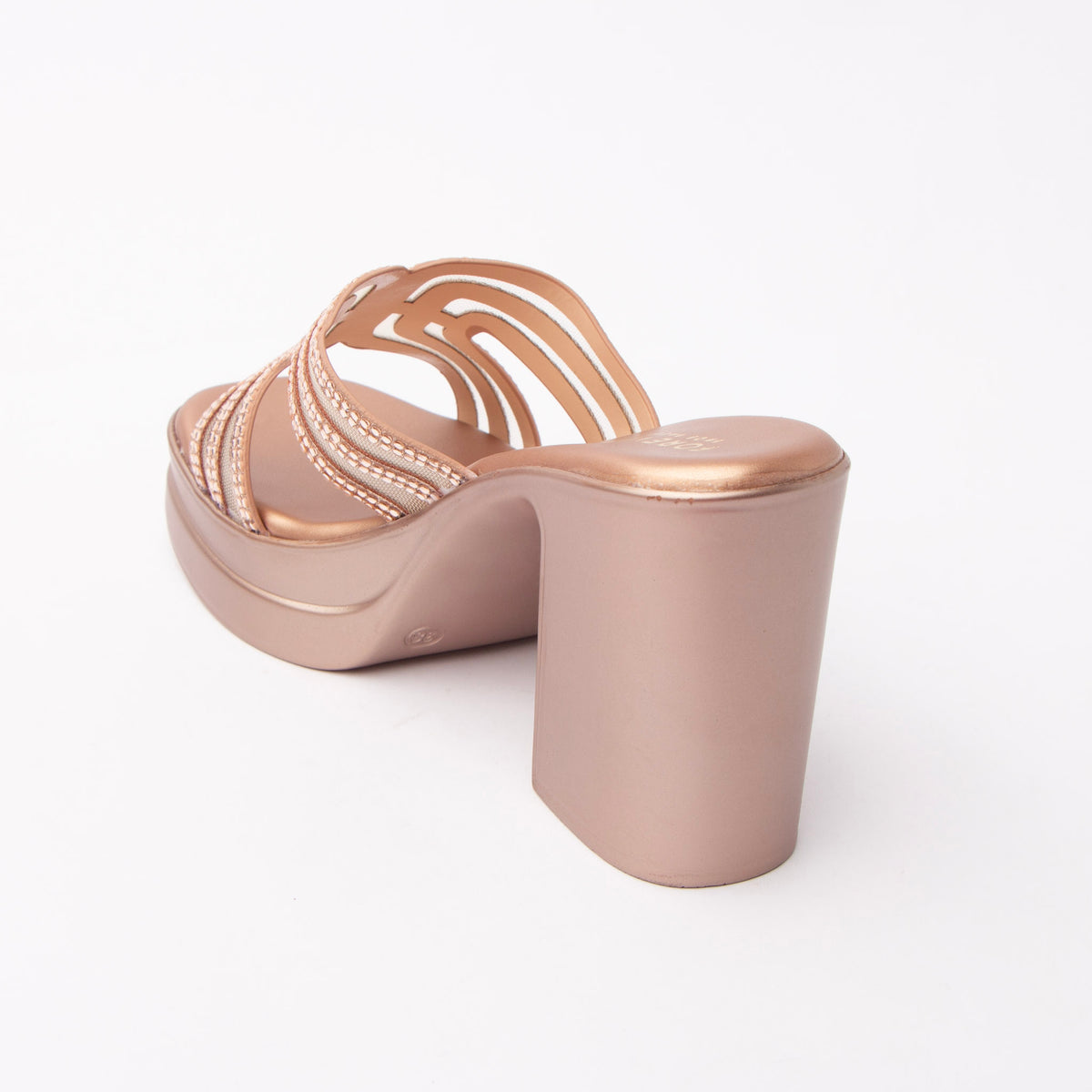 Champagne beaded platform mules for women with cushioned footbed, side view