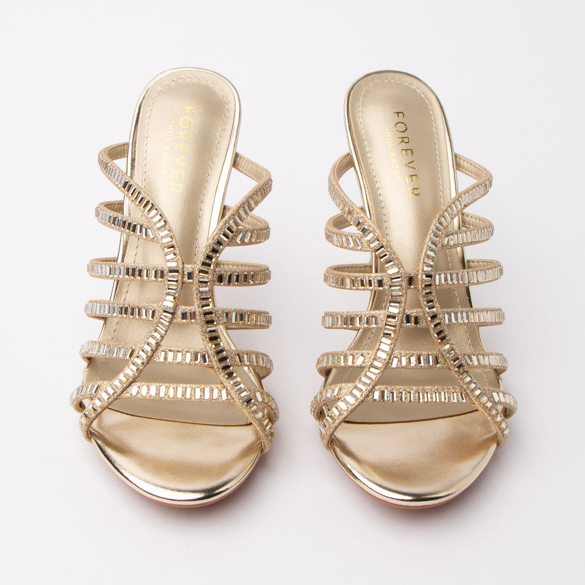 Gold mules for women, both shoes from the front