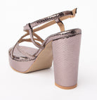 Grey block heel sandals for women with cushioned footbed, side view
