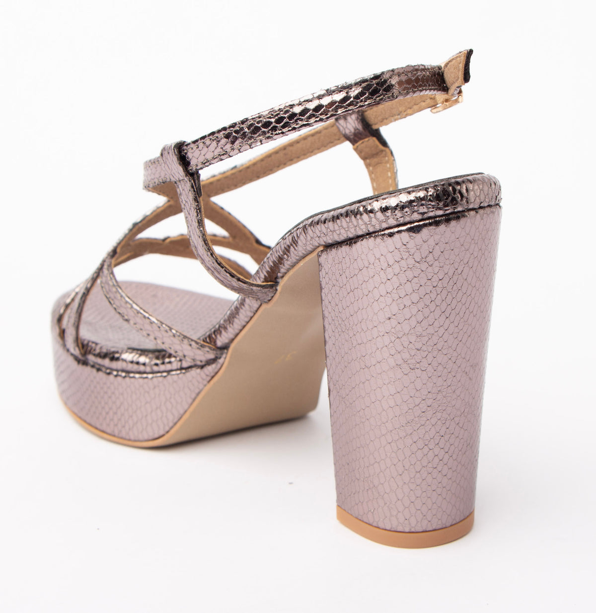 Grey block heel sandals for women with cushioned footbed, side view