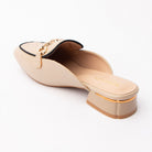 Khaki quilted loafer mules for women, back view showing the heel
