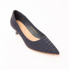 Blue check print kitten heels styled for casual wear