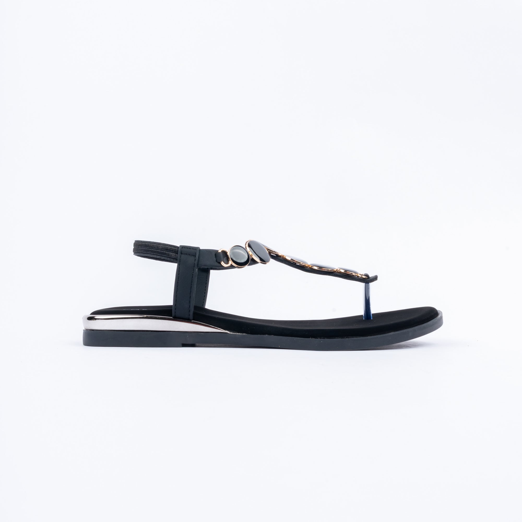 Black flat sandals for women, graduated domed stones seated in gold-tone bezels