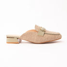 Green woven loafer mules for women, a natural oatmeal basketweave loafer mule piped and strapped in soft sage green, with a gold oval ring buckle holding a domed sage stone and a low sage block heel ringed in gold over a nude-tan footbed