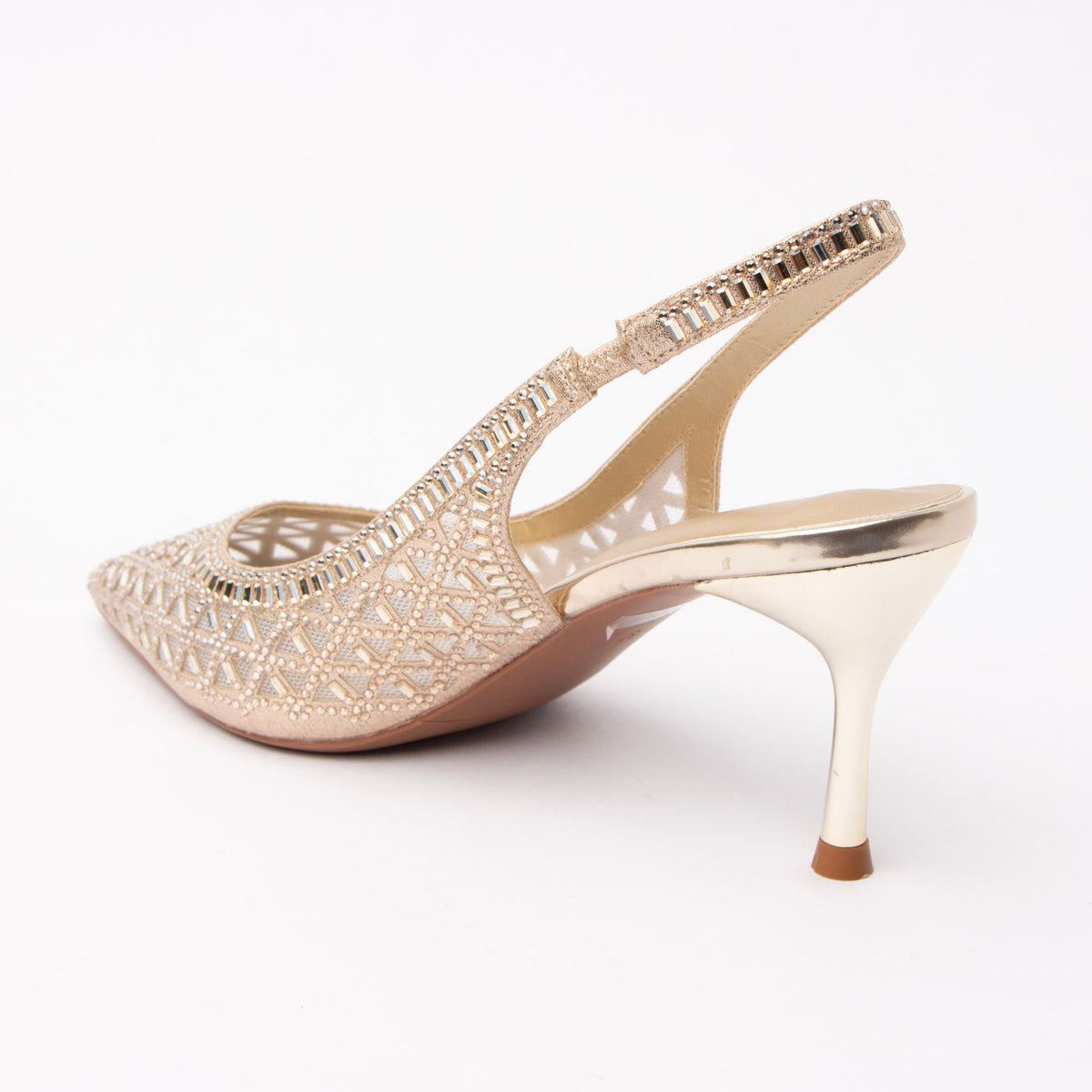 Gold pumps for women, back view showing the heel