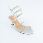 Silver block heel sandals for women with cushioned footbed, side view