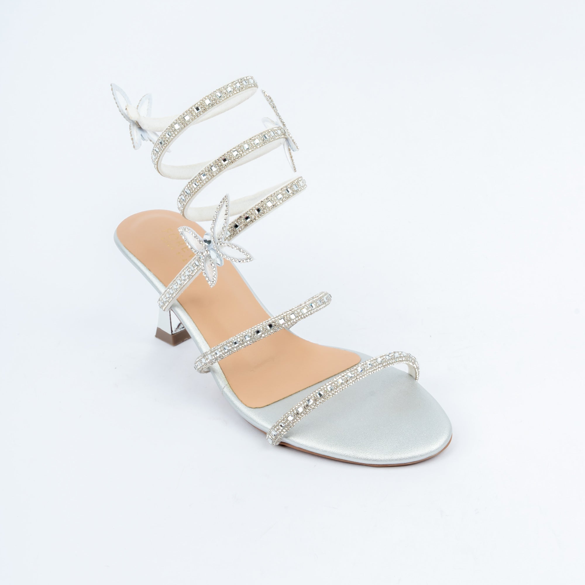Silver block heel sandals for women with cushioned footbed, side view