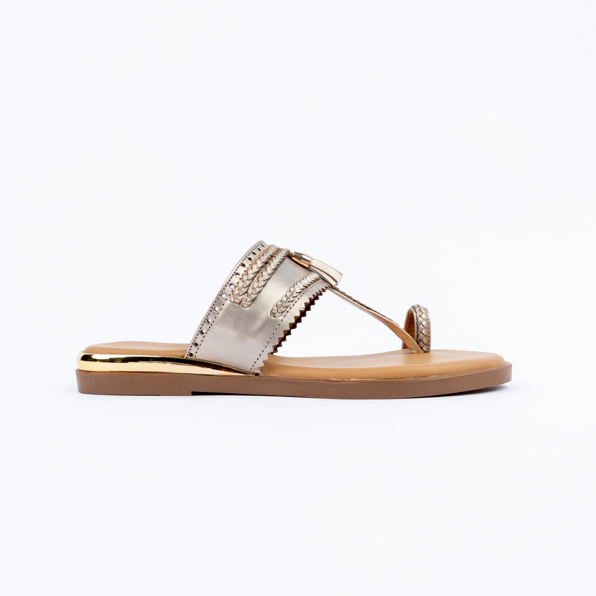 Gold flats for women with cushioned footbed, side view