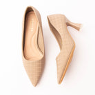 Beige check print court shoes for women with a cushioned footbed