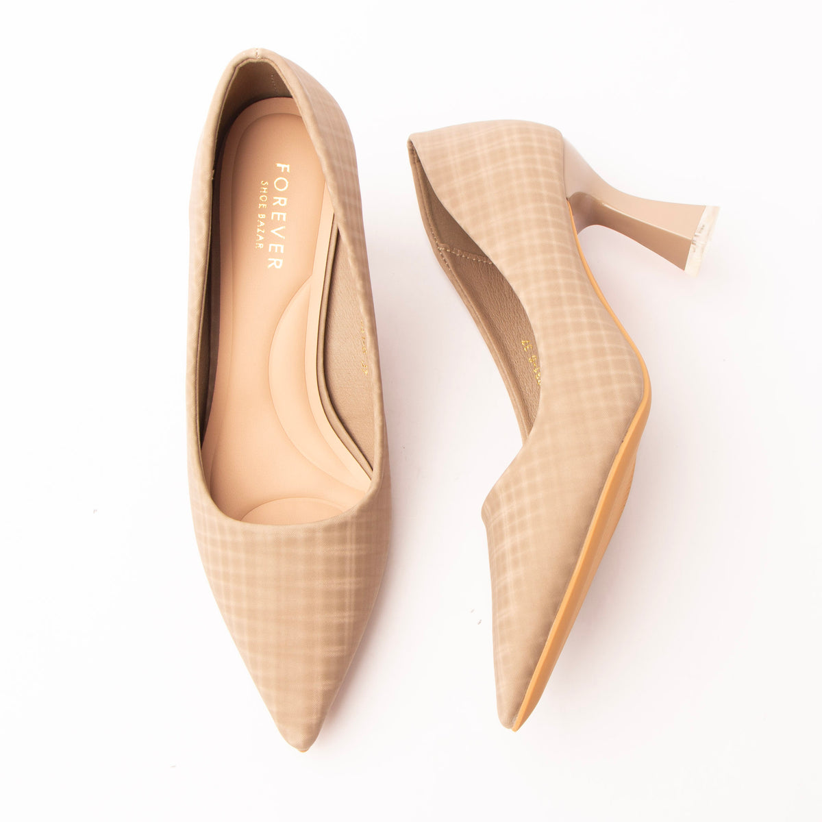 Beige check print court shoes for women with a cushioned footbed