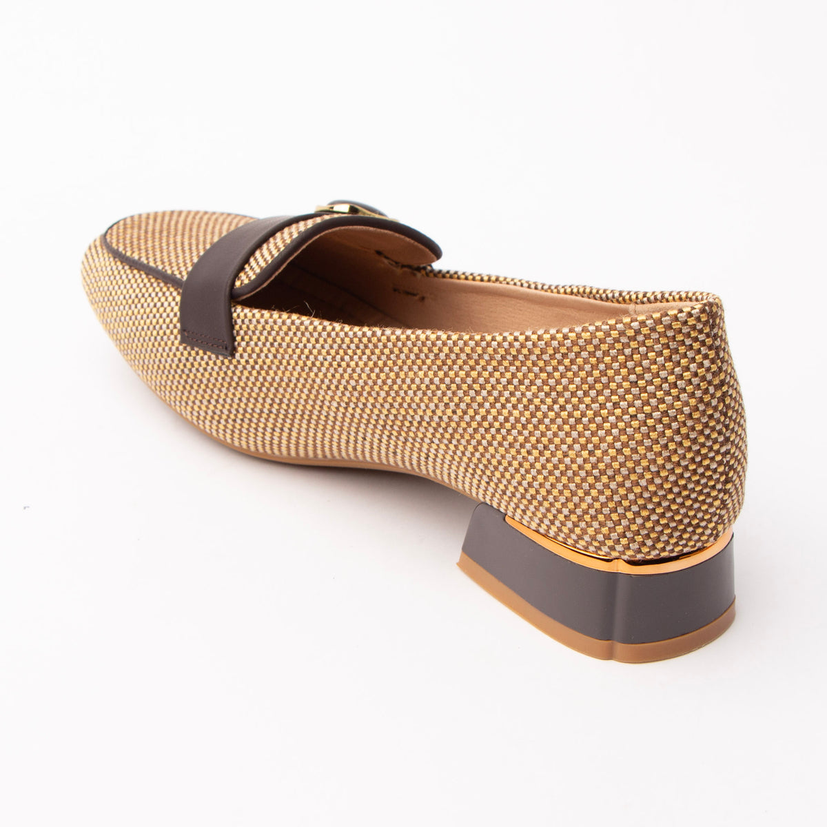 Brown woven loafers for women, back view showing the heel