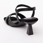 Black kitten heel sandals for women with cushioned footbed, side view