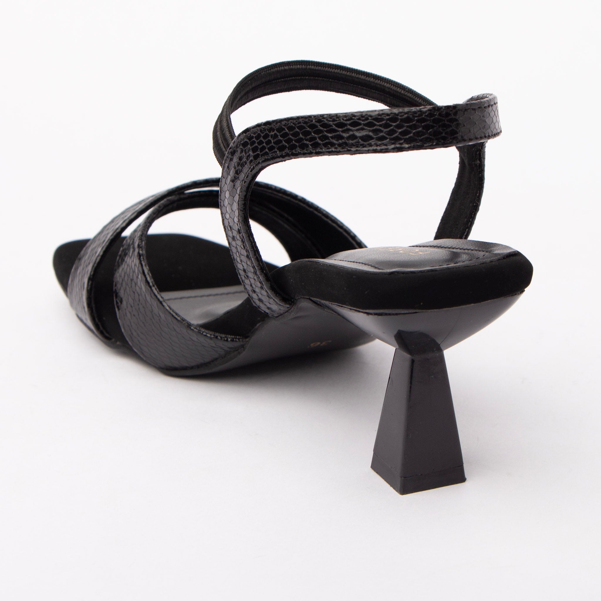 Black kitten heel sandals for women with cushioned footbed, side view