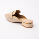 Beige knit loafer mules for women with cushioned footbed, side view