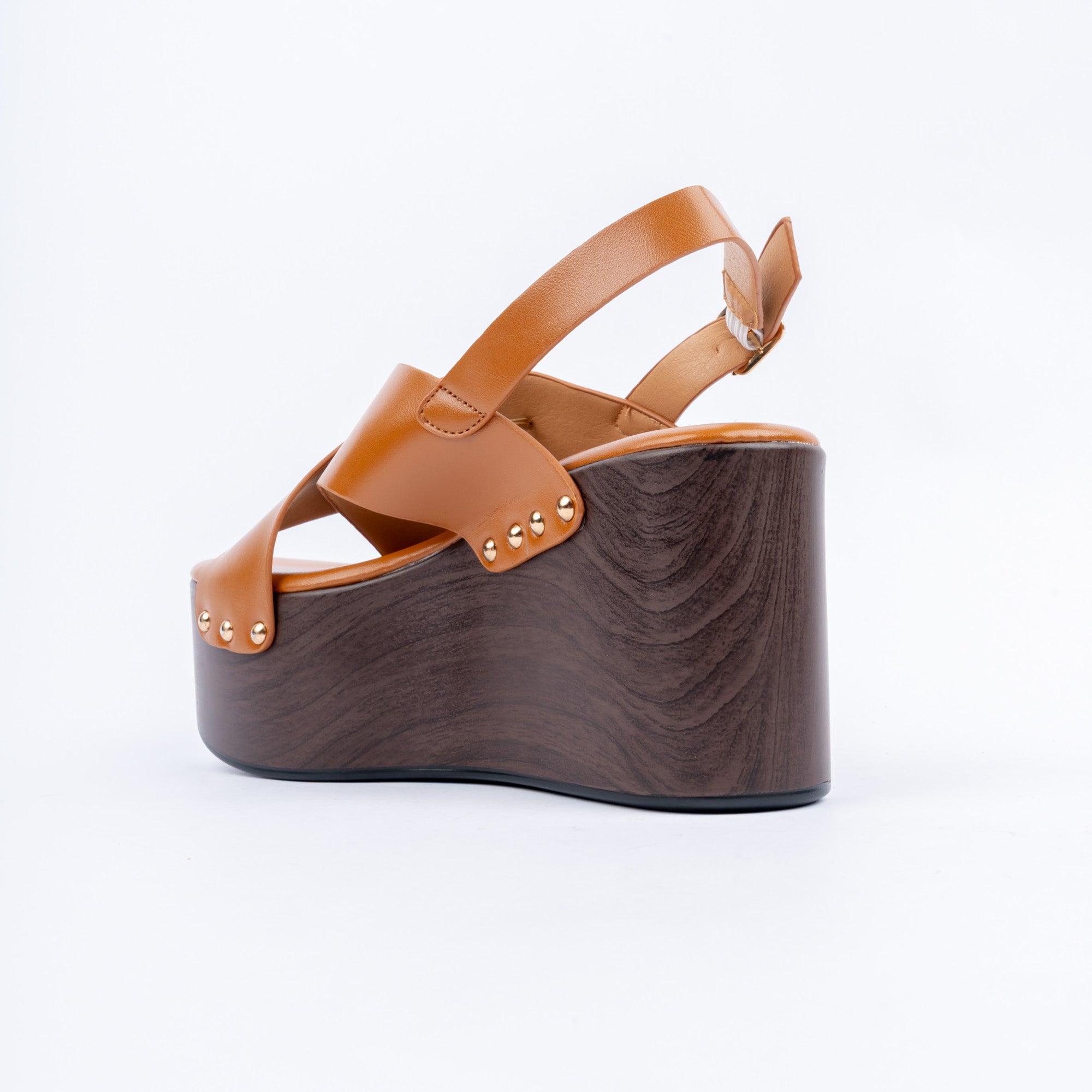 Camel wedge heel sandals for women with cushioned footbed, side view