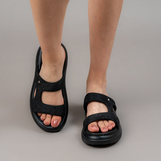 Eleven On Ten - Black Casual Slipper with Rhinestones