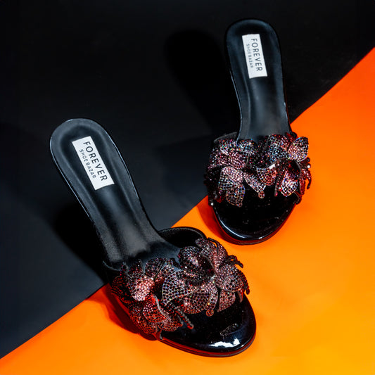 Flowers From Hell - Black Small Pointed Heels