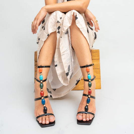 Beaded Boldness - Black Statement Block Heels