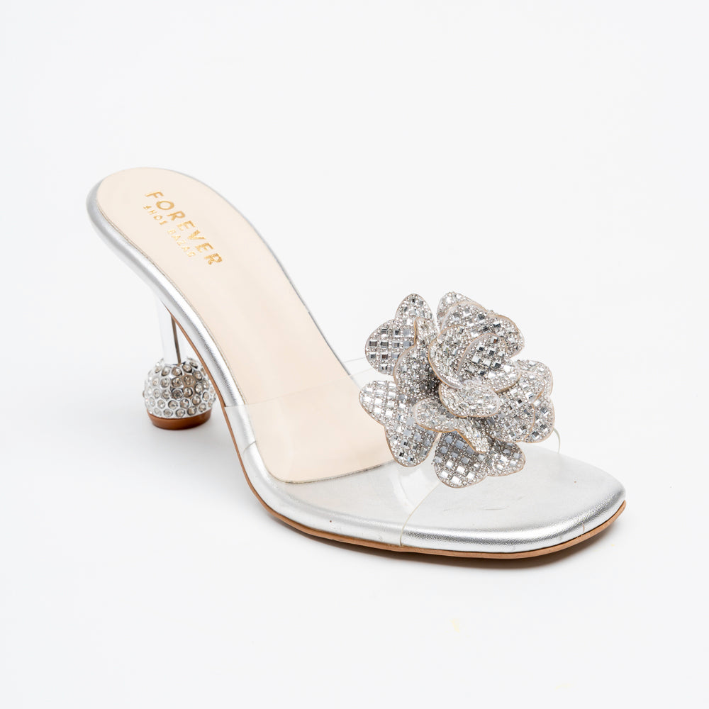 Celina Crystal Flower High Heels - Silver