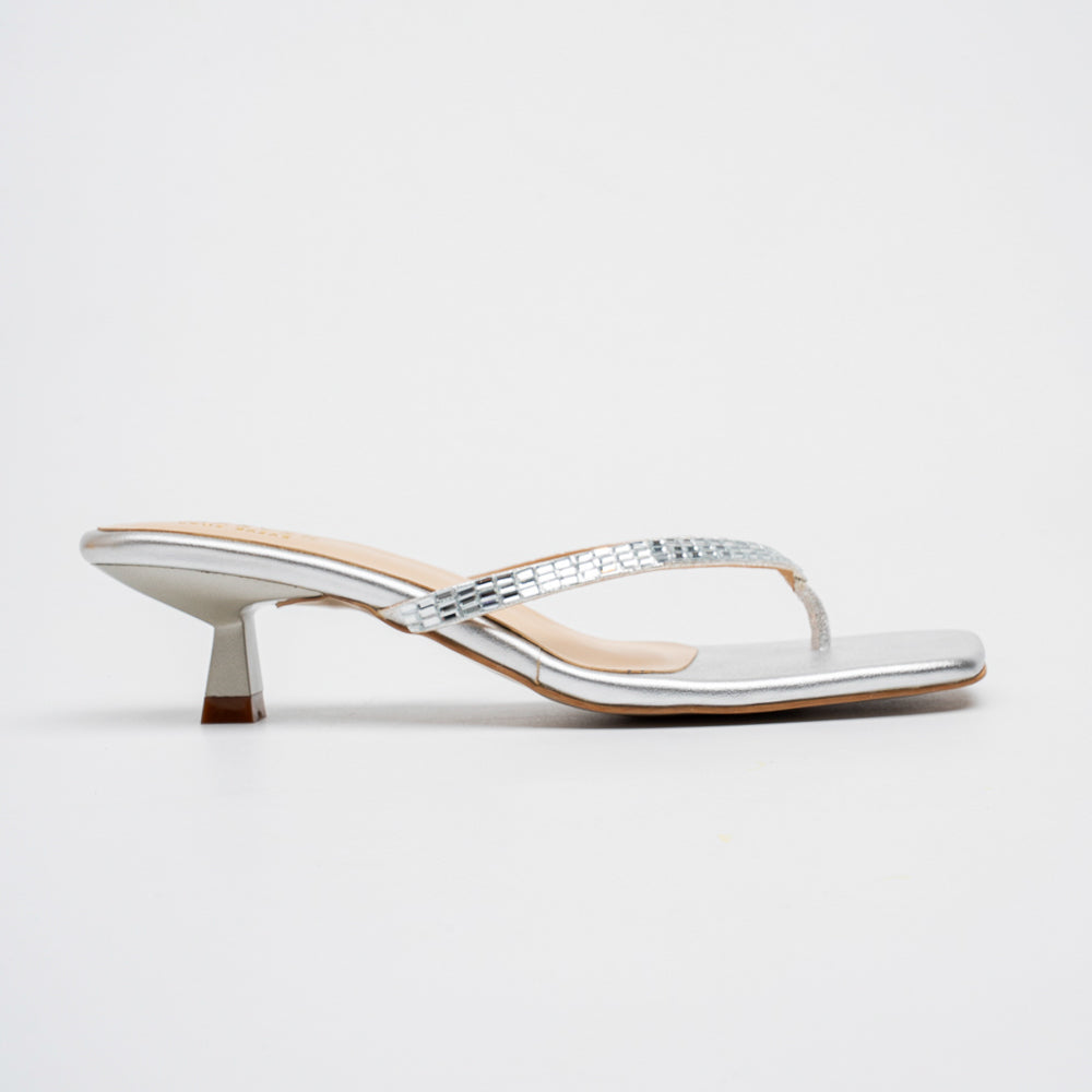 Valira Crystal V-Strap Kitten Heels - Silver
