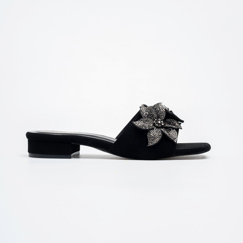 Noir Bloom Crystal Mules - Black