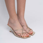 The X-Factor Kitten Golden Strappy Heels — side view | Forever Shoe Bazar