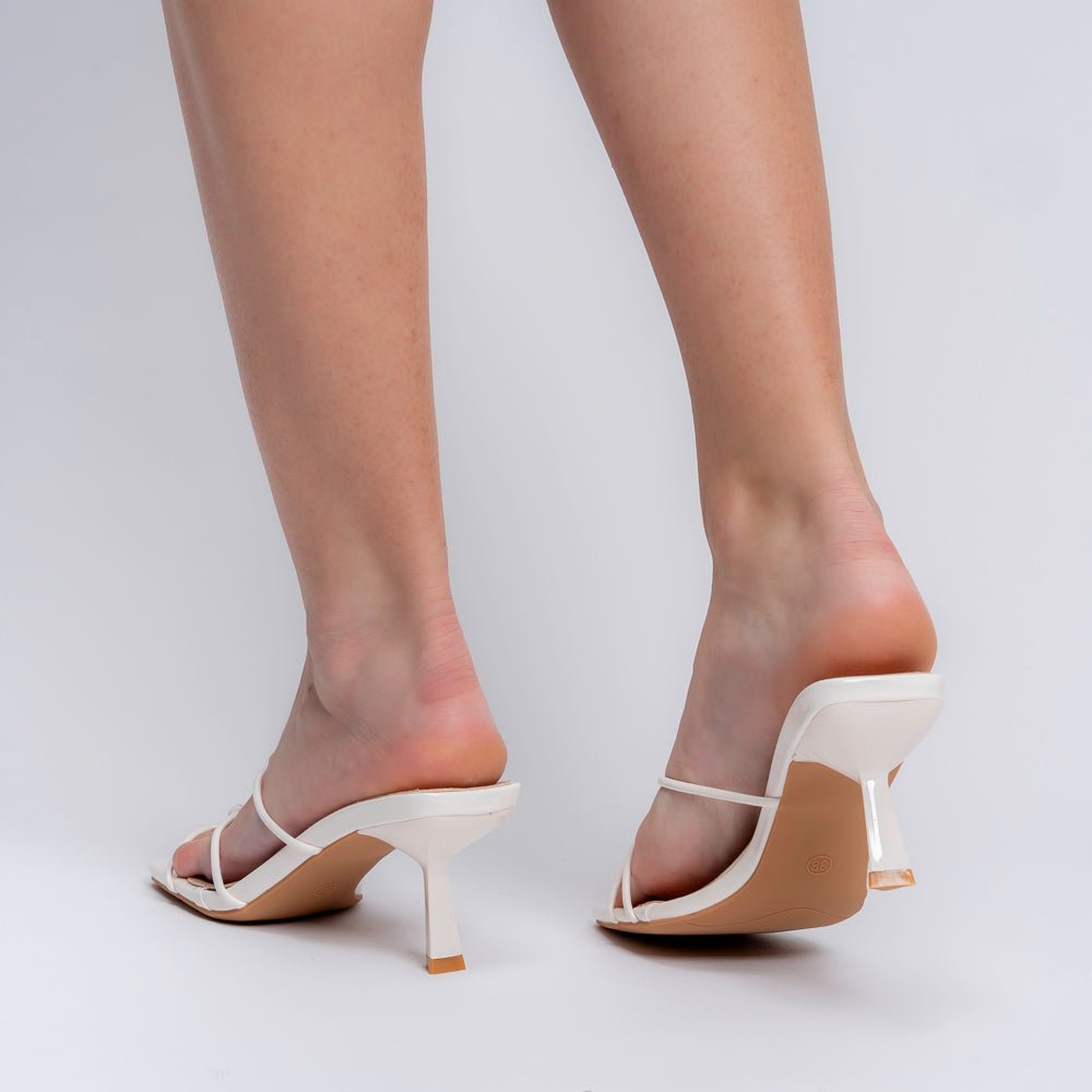 The X-Factor Kitten White Strappy Kitten Heels — strap detail | Forever Shoe Bazar