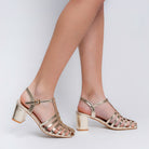 Gold strappy caged block heel sandals for women with ankle buckle – Forever Shoe Bazar