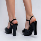 The Skyline Slay Black Platform Heels — heel detail | Forever Shoe Bazar