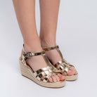 Gold platform wedge heels for women with woven jute sole and cushioned footbed