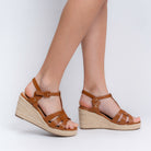 Tan espadrille wedge heels for women with woven jute platform and ankle strap – Forever Shoe Bazar