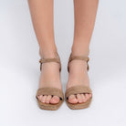 Tan woven wedge sandals for women with secure ankle strap
