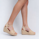 Beige braided espadrille wedge heels for women with woven jute platform and ankle strap – Forever Shoe Bazar