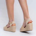 Beige jute wedge heels for women showing the woven platform detail
