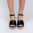 Black braided espadrille platform heels for women styled for casual summer wear