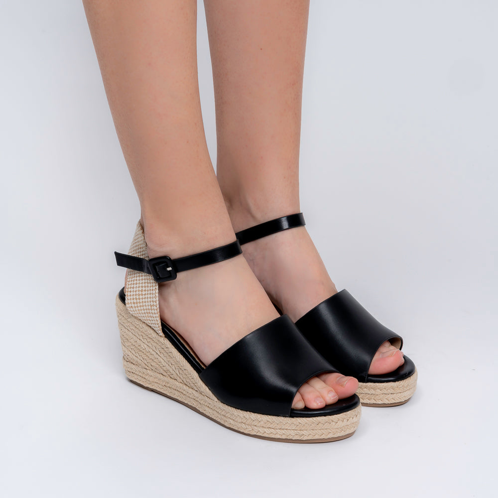 Black peep-toe platform wedge heels for women with braided woven back strap