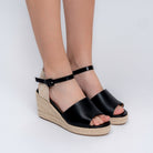 Black peep-toe platform wedge heels for women with braided woven back strap
