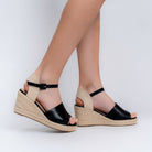 Black braided espadrille wedge heels for women with woven jute platform and ankle strap – Forever Shoe Bazar