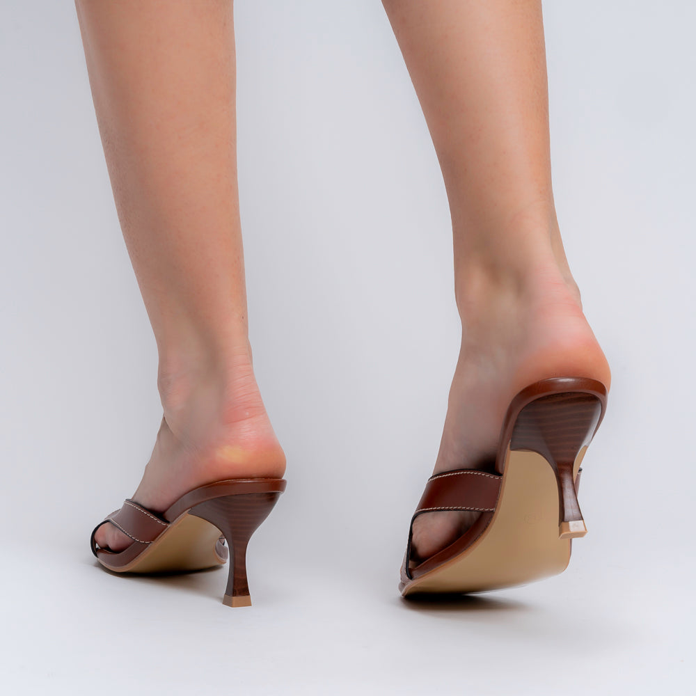 Brown cross-strap mules for women — close-up of the sculpted block heel