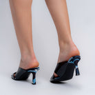Black strappy sandals for women — close-up of the printed footbed and heel