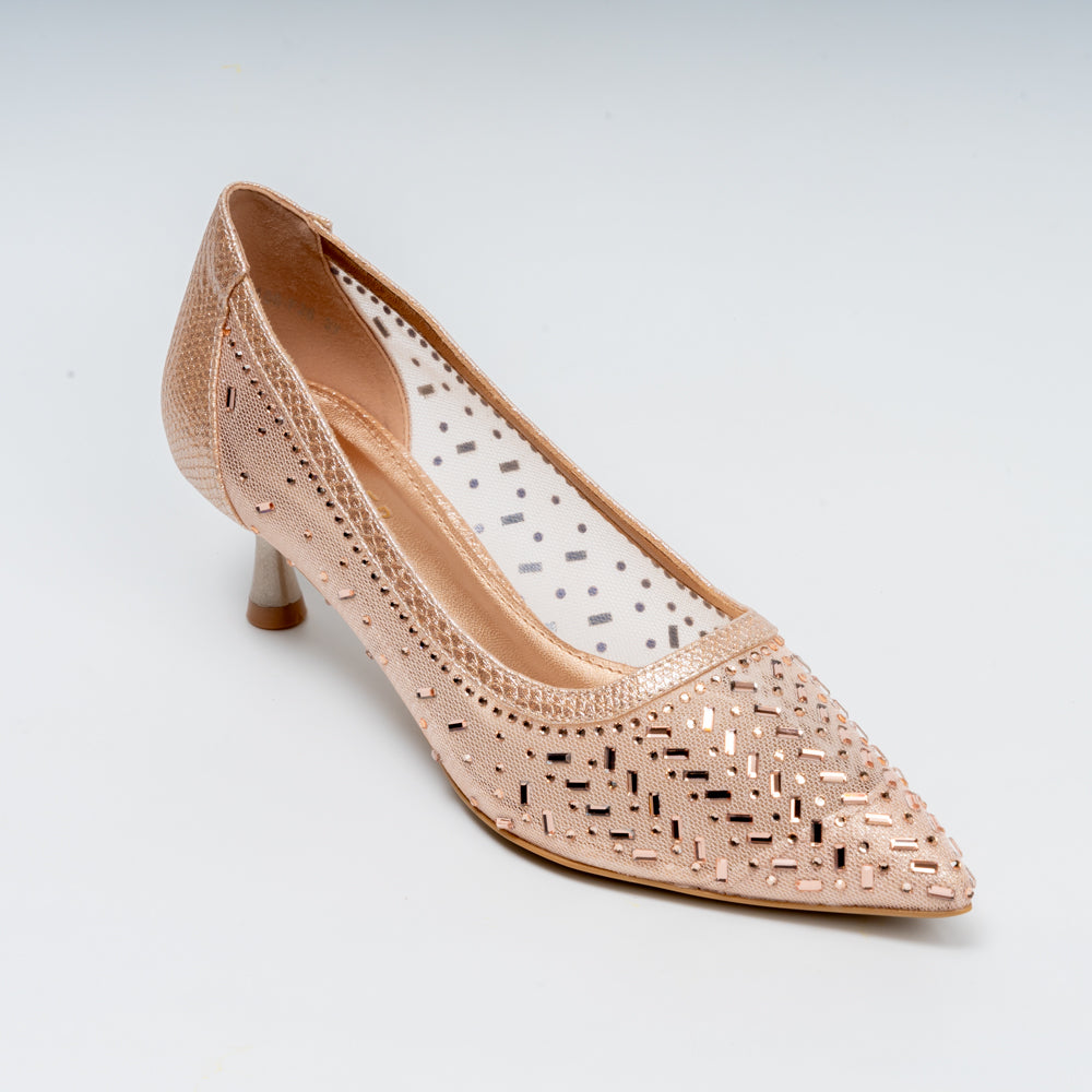 Aurevia Crystal Mesh Pointed Toe Kitten Heels - Champagne - view 2