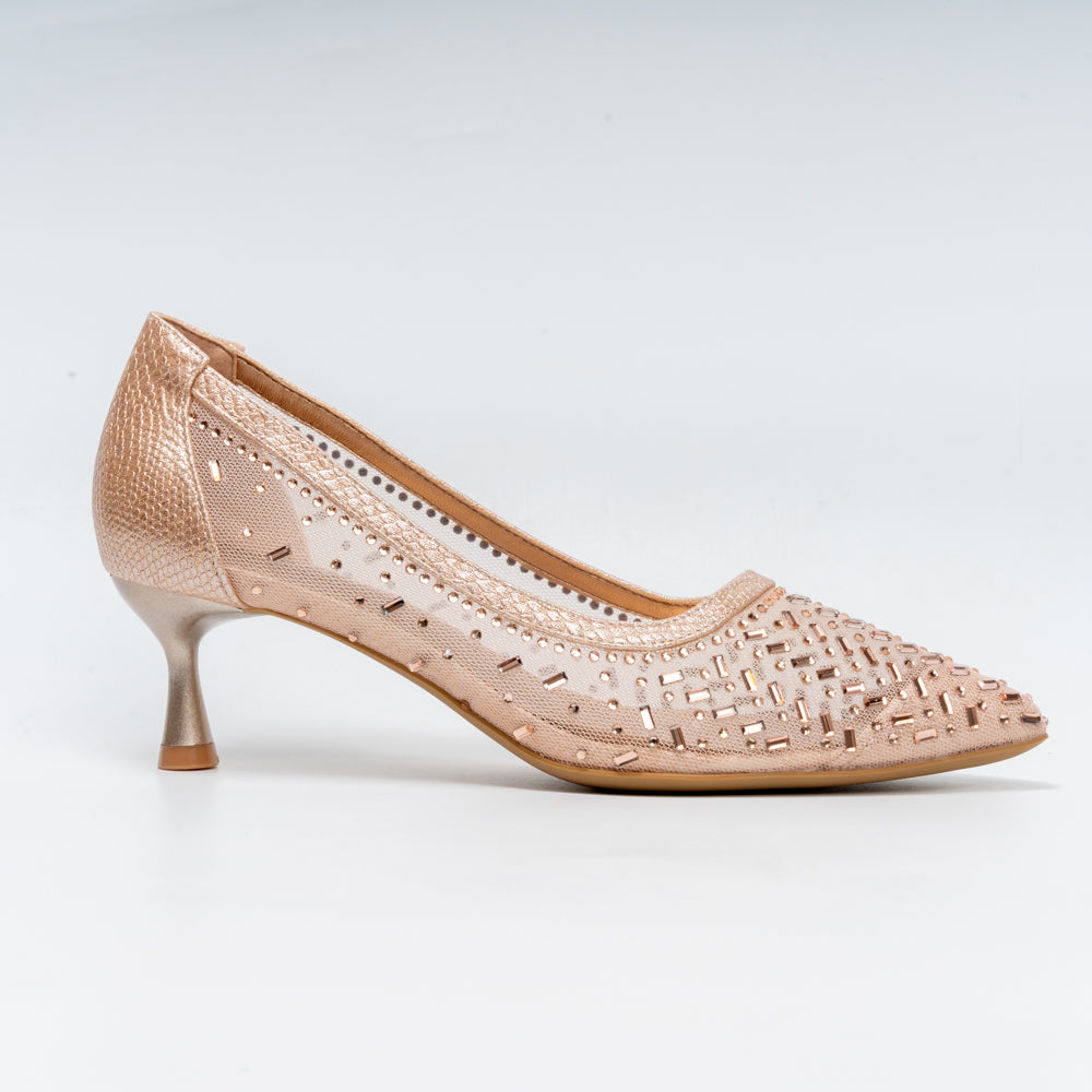 Aurevia Crystal Mesh Pointed Toe Kitten Heels - Champagne